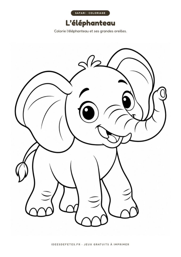 Coloriage safari à imprimer : l’éléphanteau aux grandes oreilles, dessin au trait pour les enfants