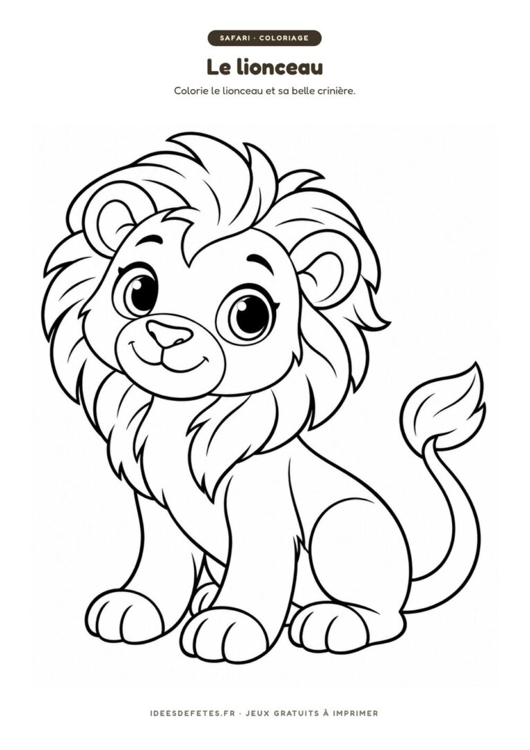 Coloriage safari à imprimer : le lionceau et sa crinière, dessin au trait pour les enfants