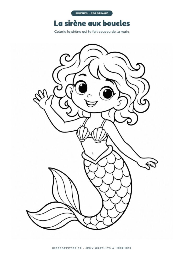 Coloriage sirène à imprimer : la sirène aux cheveux bouclés qui fait coucou, dessin au trait pour les enfants