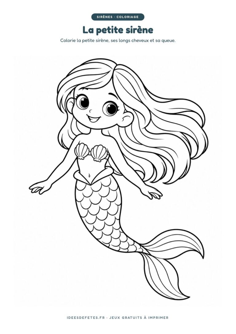 Coloriage sirène à imprimer : la petite sirène aux longs cheveux, dessin au trait pour les enfants