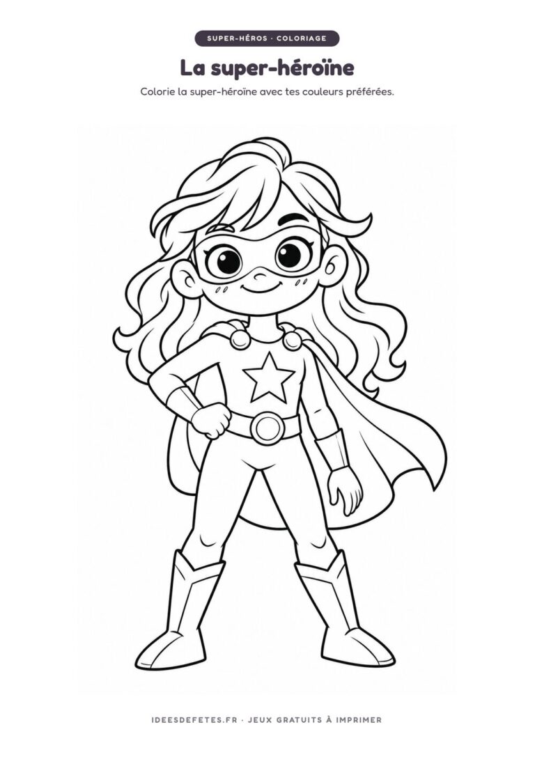 Coloriage super-héros à imprimer : la petite super-héroïne masquée, dessin au trait pour les enfants