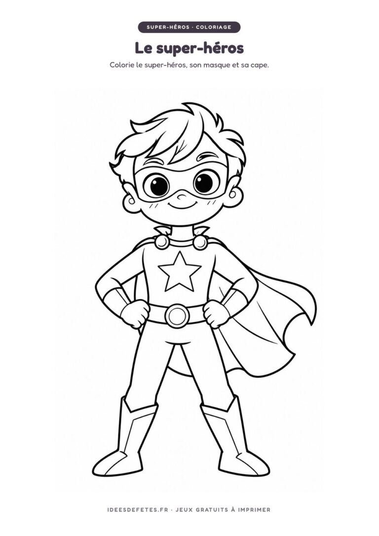Coloriage super-héros à imprimer : le petit super-héros masqué et sa cape, dessin au trait pour les enfants