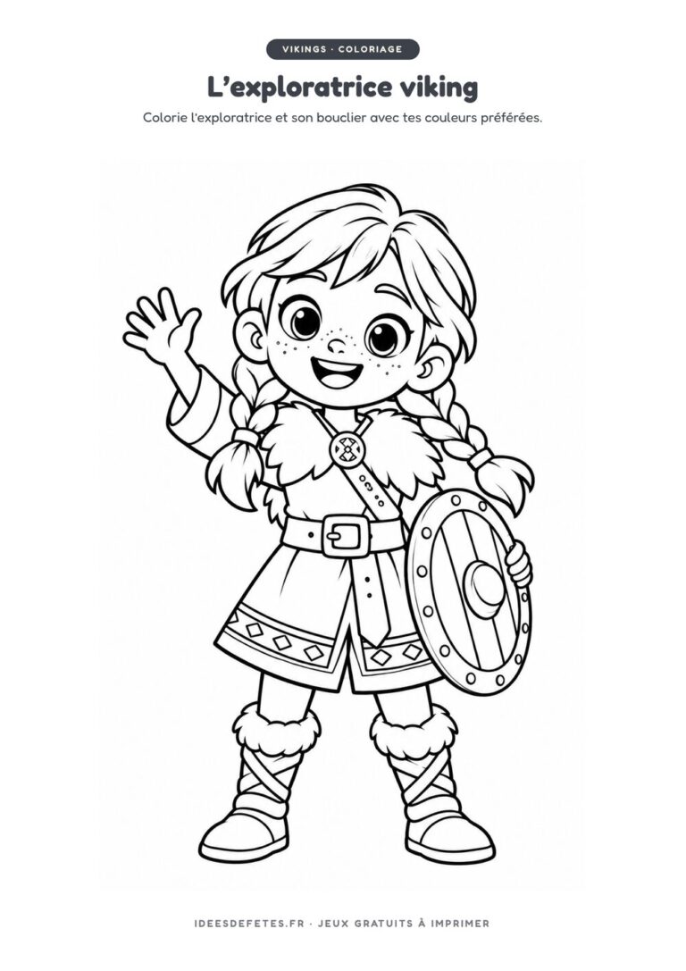 Coloriage viking à imprimer : l’exploratrice viking et son bouclier rond, dessin au trait pour les enfants