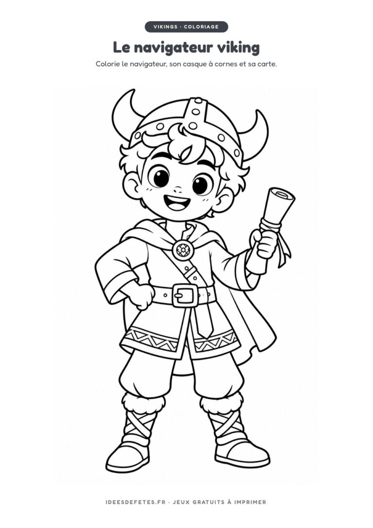 Coloriage viking à imprimer : le navigateur viking avec son casque à cornes, dessin au trait pour les enfants