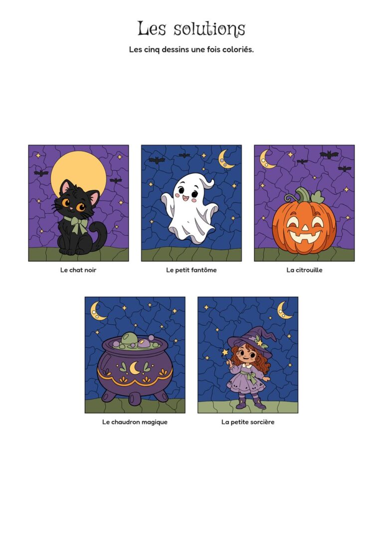 Solutions des 5 coloriages magiques Halloween : les dessins une fois coloriés
