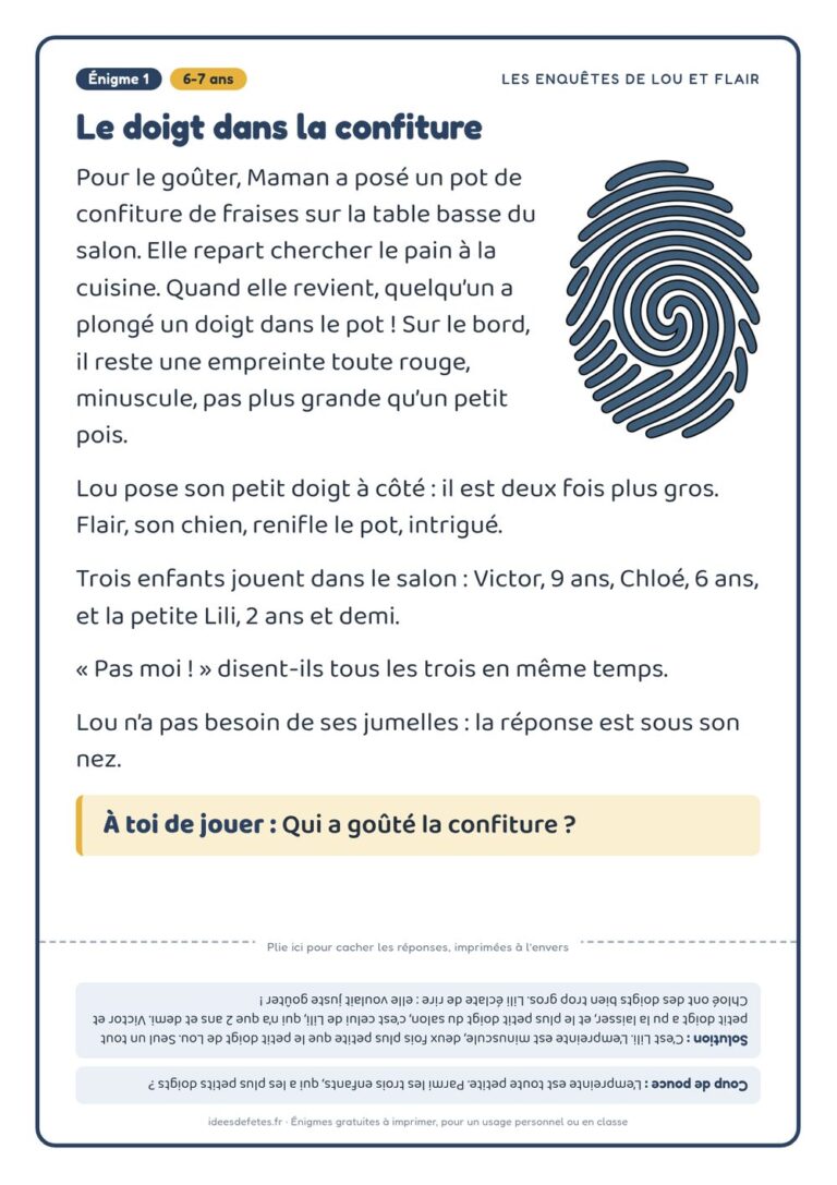 Énigme policière à imprimer, 6-7 ans : « Le doigt dans la confiture », avec Lou, Flair et la solution à l’envers