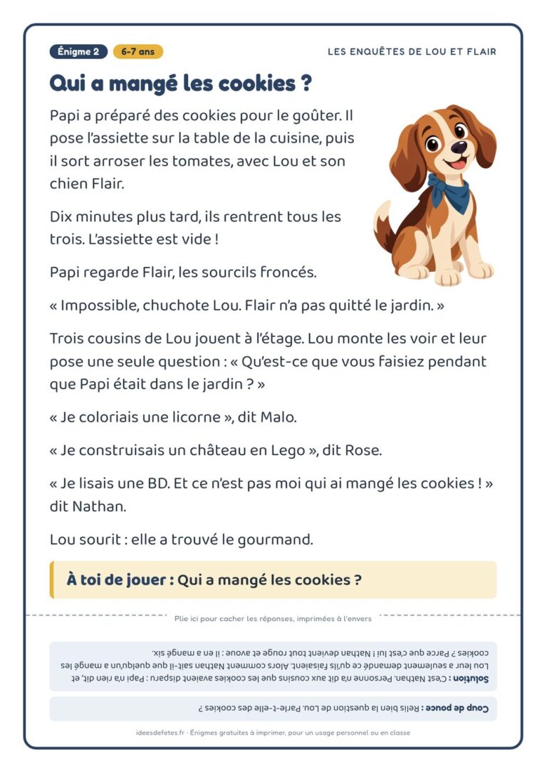 Énigme policière à imprimer, 6-7 ans : « Qui a mangé les cookies ? », avec Lou, Flair et la solution à l’envers