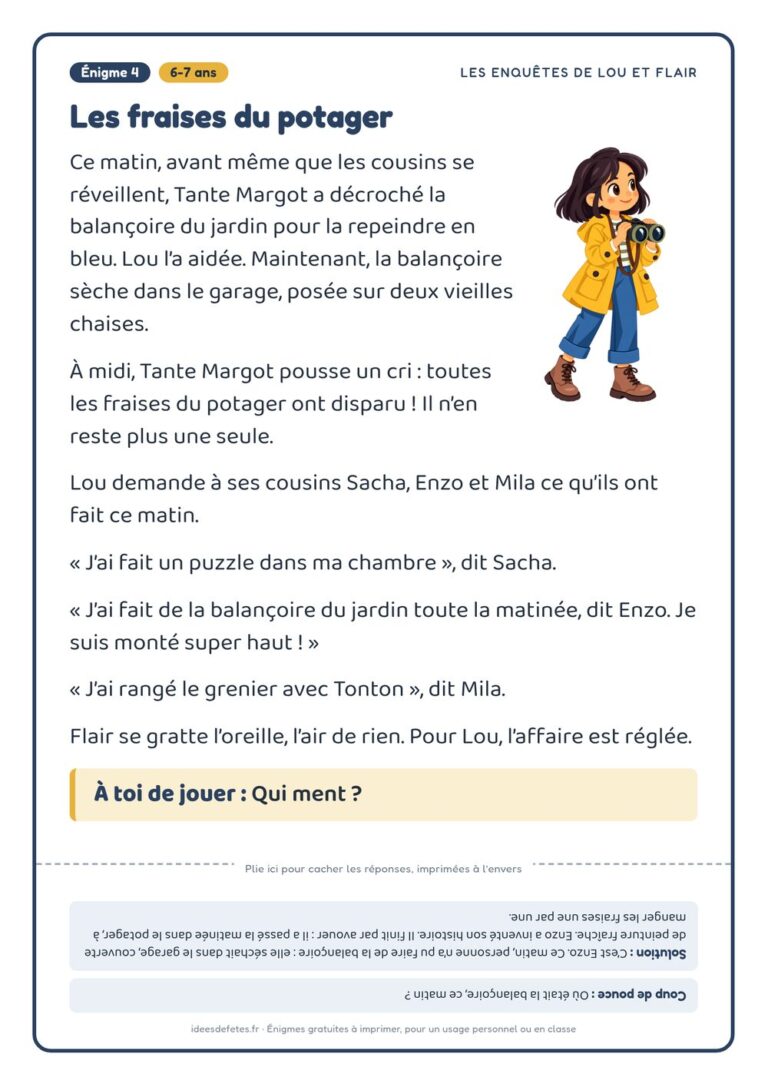 Énigme policière à imprimer, 6-7 ans : « Les fraises du potager », avec Lou, Flair et la solution à l’envers