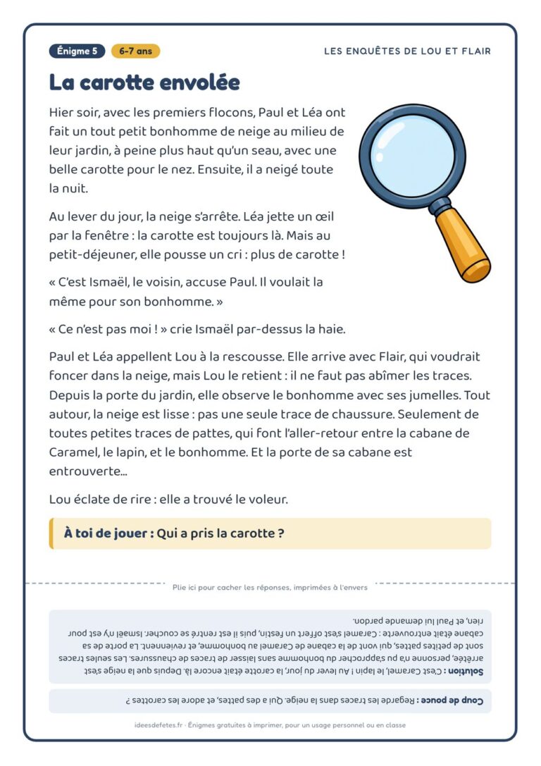 Énigme policière à imprimer, 6-7 ans : « La carotte envolée », avec Lou, Flair et la solution à l’envers