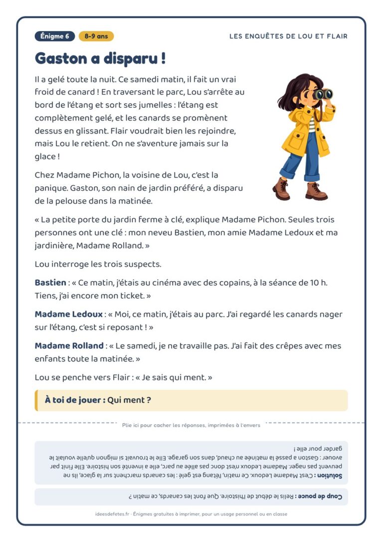 Énigme policière à imprimer, 8-9 ans : « Gaston a disparu ! », avec Lou, Flair et la solution à l’envers