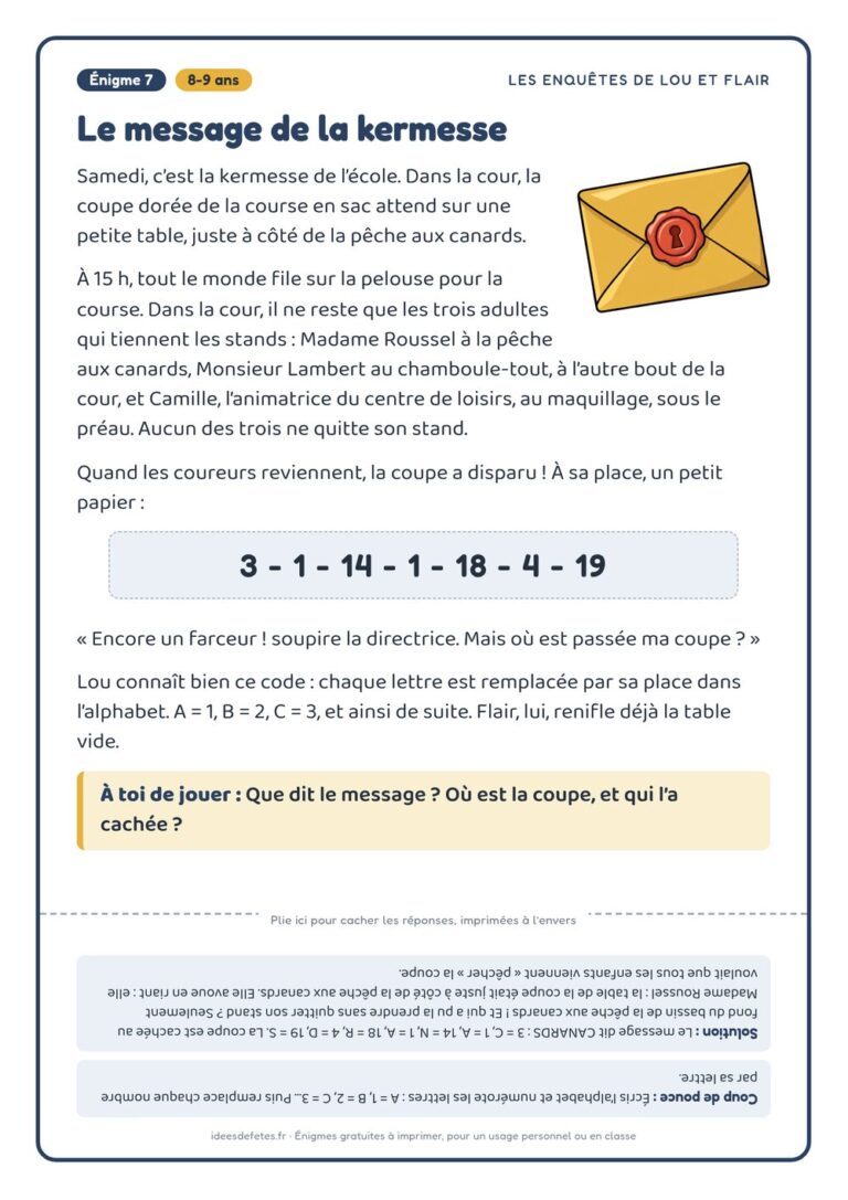 Énigme policière à imprimer, 8-9 ans : « Le message de la kermesse », avec Lou, Flair et la solution à l’envers