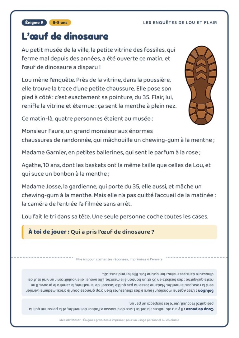 Énigme policière à imprimer, 8-9 ans : « L’œuf de dinosaure », avec Lou, Flair et la solution à l’envers