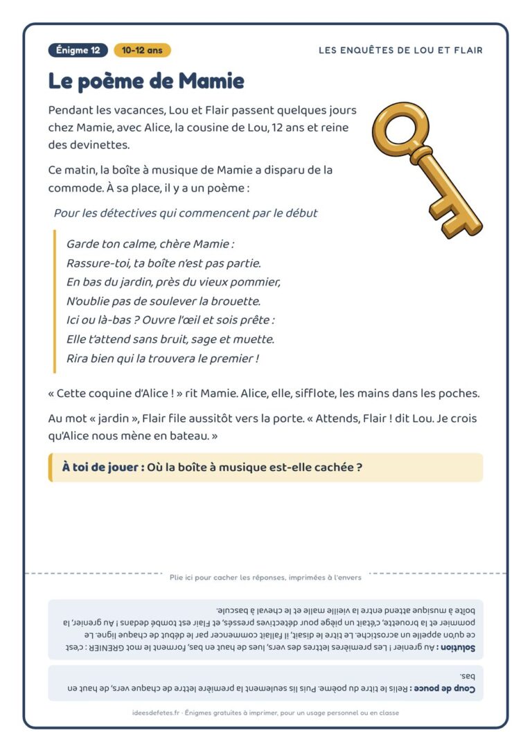 Énigme policière à imprimer, 10-12 ans : « Le poème de Mamie », avec Lou, Flair et la solution à l’envers