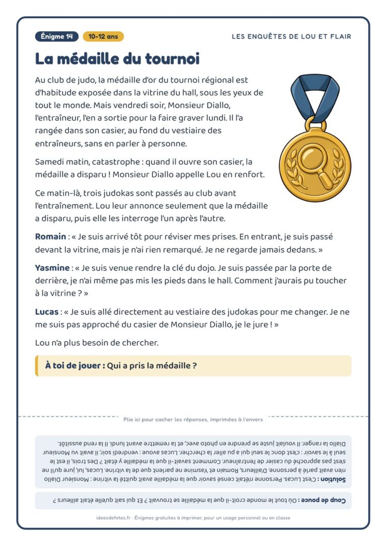 Énigme policière à imprimer, 10-12 ans : « La médaille du tournoi », avec Lou, Flair et la solution à l’envers