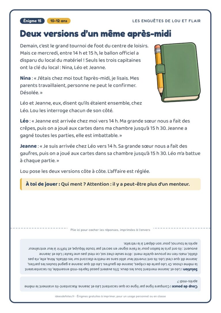 Énigme policière à imprimer, 10-12 ans : « Deux versions d’un même après-midi », avec Lou, Flair et la solution à l’envers