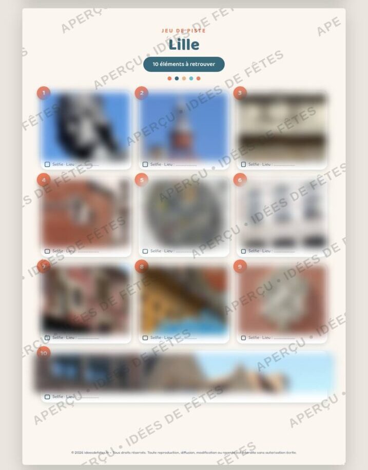 Aperçu flouté du jeu de piste Lille : planche de 10 photos de détails de la ville à retrouver, carte incluse