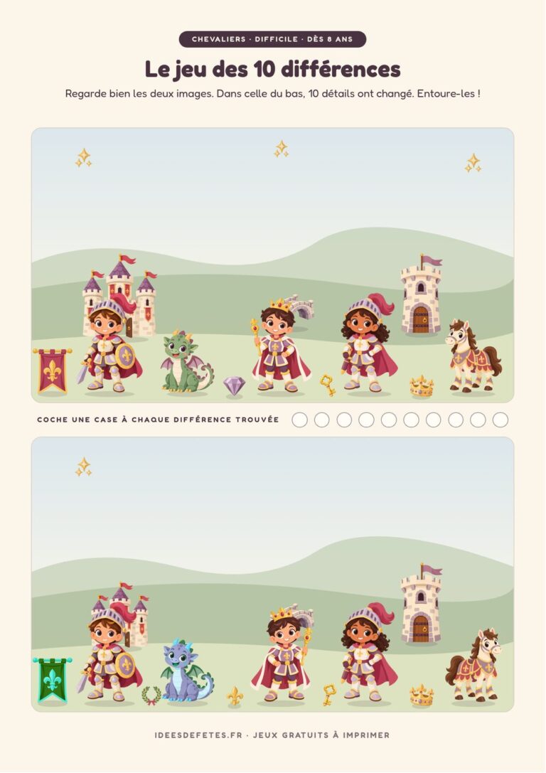 Jeu des 10 différences chevalier à imprimer, niveau difficile dès 8 ans : toute la cour du royaume, du château à la tour
