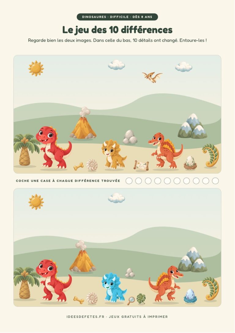 Jeu des 10 différences dinosaure à imprimer, niveau difficile dès 8 ans : la fouille aux fossiles près du volcan