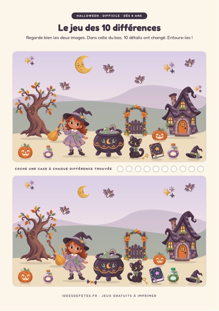 Jeu des 10 différences Halloween à imprimer, niveau difficile dès 8 ans : la potion de la petite sorcière