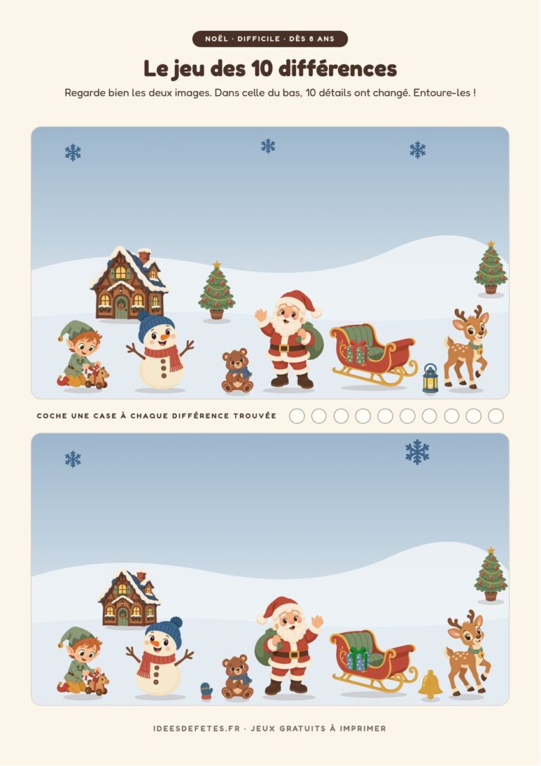Jeu des 10 différences de Noël à imprimer, niveau difficile dès 8 ans : toute la troupe dans la neige autour du traîneau