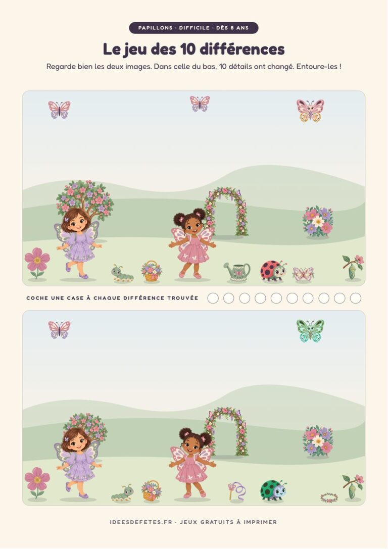 Jeu des 10 différences papillon à imprimer, niveau difficile dès 8 ans : la grande fête du jardin, de l’arbre à la chrysalide