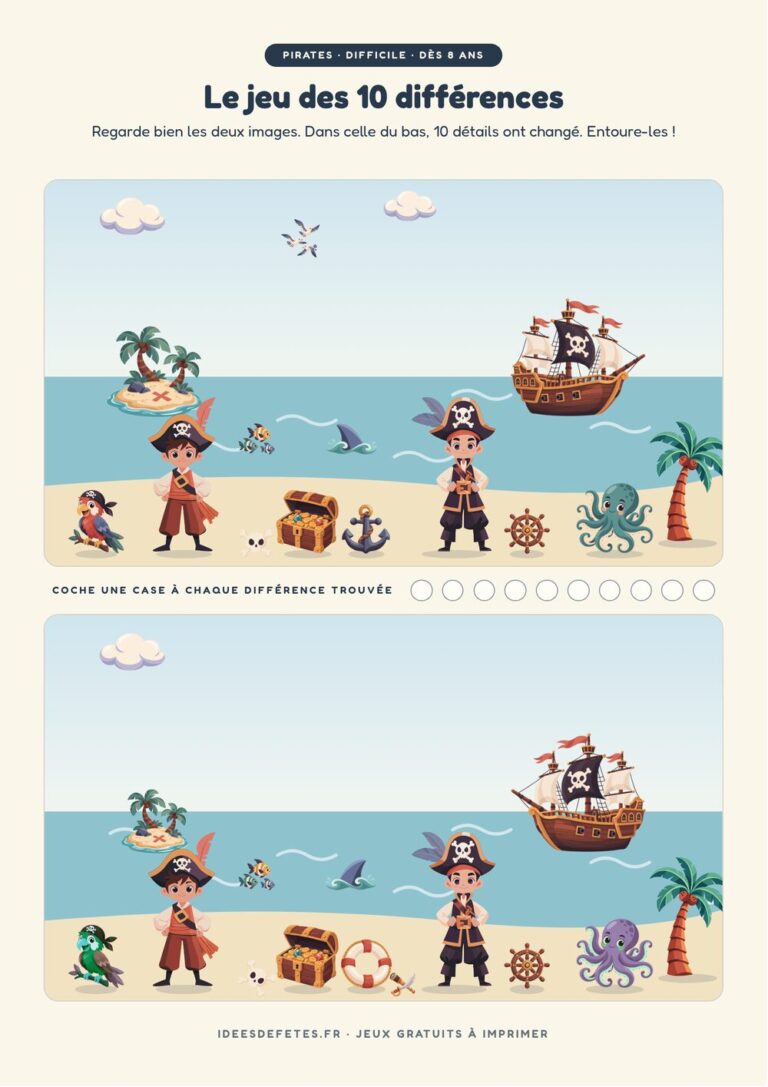 Jeu des 10 différences pirate à imprimer, niveau difficile dès 8 ans : le trésor sur la plage et le requin