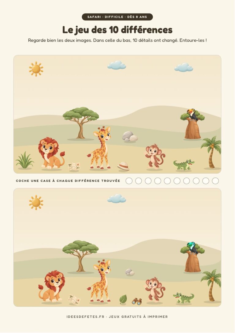 Jeu des 10 différences safari à imprimer, niveau difficile dès 8 ans : la grande expédition dans la savane