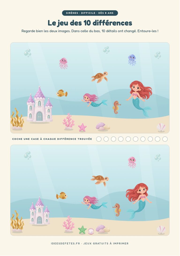 Jeu des 10 différences sirène à imprimer, niveau difficile dès 8 ans : la grande balade du lagon, des méduses au château