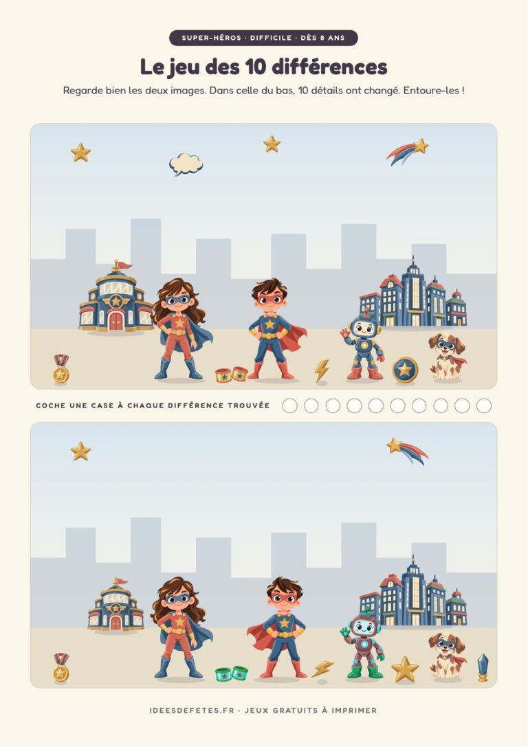Jeu des 10 différences super-héros à imprimer, niveau difficile dès 8 ans : l’équipe au complet entre la ville et le quartier général