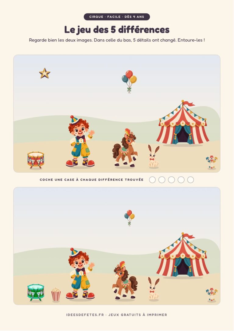 Jeu des 5 différences cirque à imprimer, niveau facile dès 4 ans : le clown, le poney et le lapin devant le chapiteau
