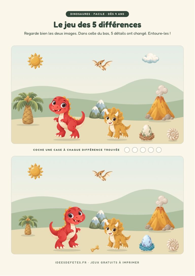 Jeu des 5 différences dinosaure à imprimer, niveau facile dès 4 ans : le T-rex et le tricératops au pied du volcan