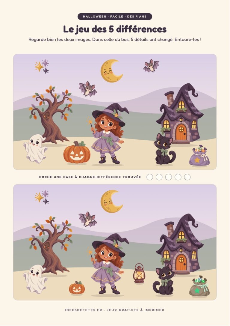 Jeu des 5 différences Halloween à imprimer, niveau facile dès 4 ans : la petite sorcière devant la maison hantée