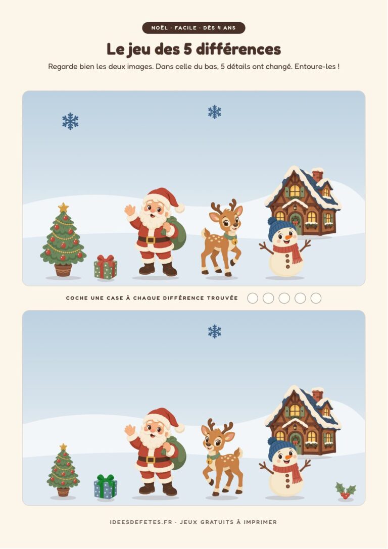 Jeu des 5 différences de Noël à imprimer, niveau facile dès 4 ans : le Père Noël, le renne et le bonhomme de neige