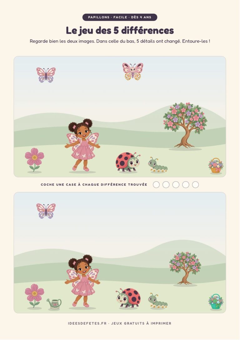 Jeu des 5 différences papillon à imprimer, niveau facile dès 4 ans : la petite fée et la coccinelle sous l’arbre en fleurs