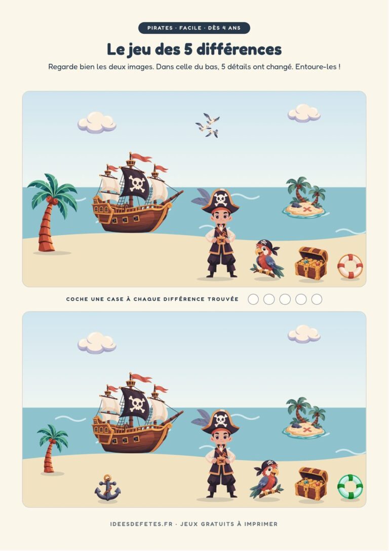 Jeu des 5 différences pirate à imprimer, niveau facile dès 4 ans : le navire pirate devant l’île au trésor