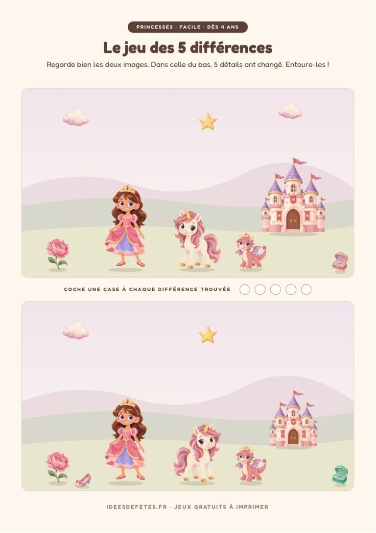 Jeu des 5 différences princesse à imprimer, niveau facile dès 4 ans : la princesse, la licorne et la petite dragonne devant le château