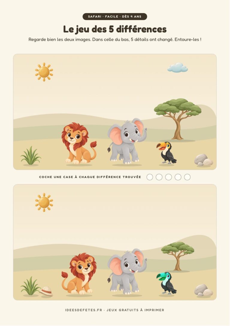 Jeu des 5 différences safari à imprimer, niveau facile dès 4 ans : le lion et l’éléphant sous l’acacia