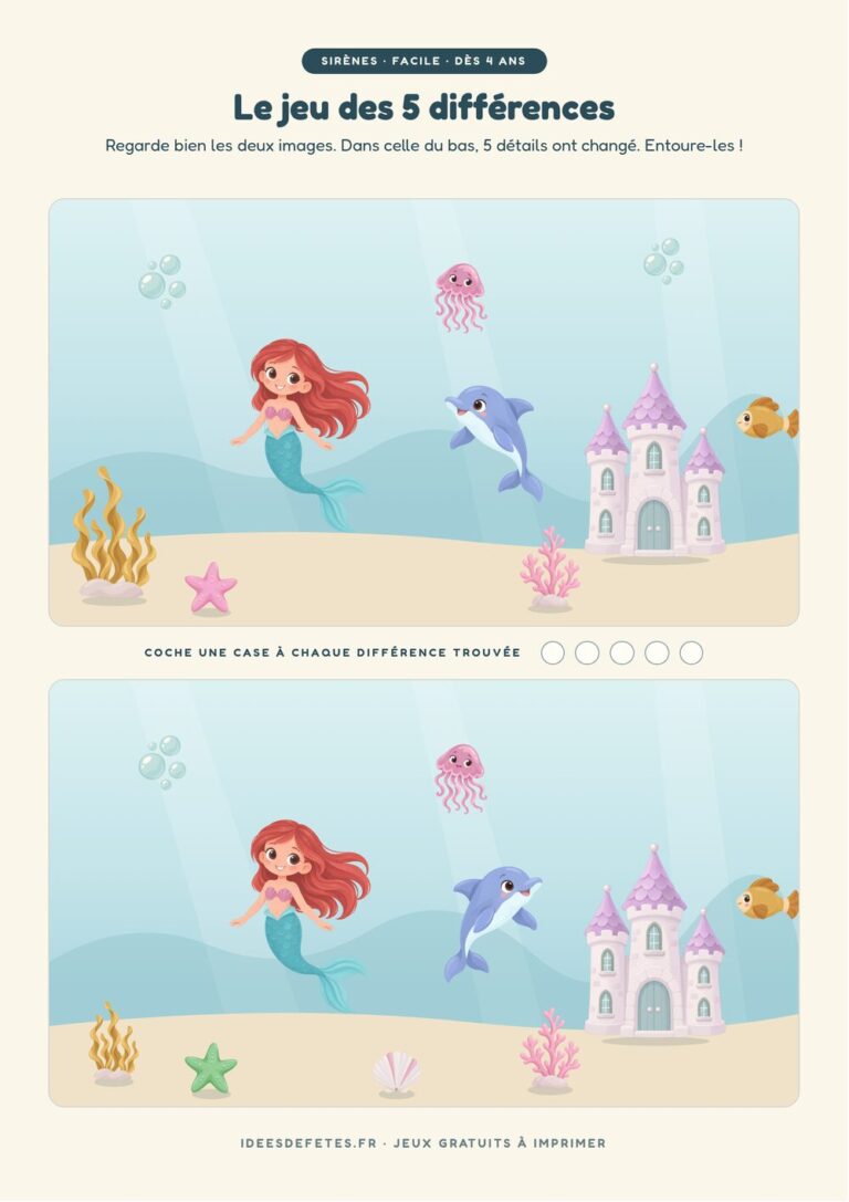 Jeu des 5 différences sirène à imprimer, niveau facile dès 4 ans : la petite sirène et le dauphin devant le château du lagon