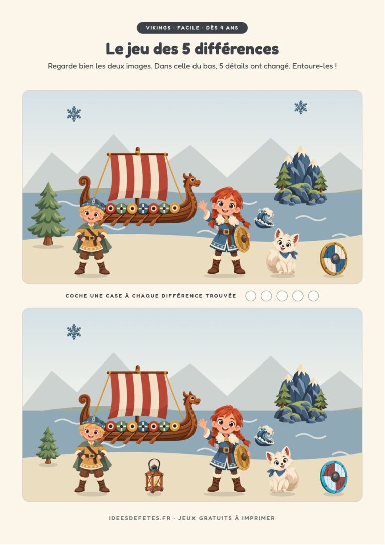 Jeu des 5 différences viking à imprimer, niveau facile dès 4 ans : le drakkar quitte le fjord