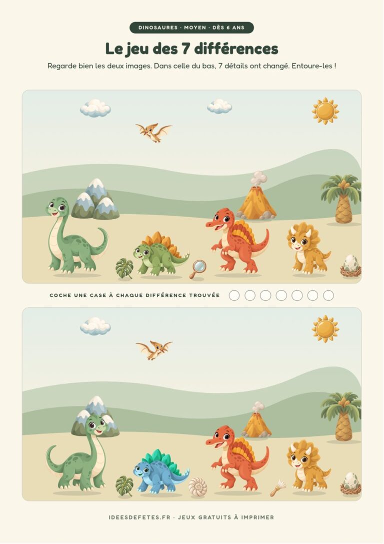 Jeu des 7 différences dinosaure à imprimer gratuitement : le troupeau de dinosaures traverse la vallée