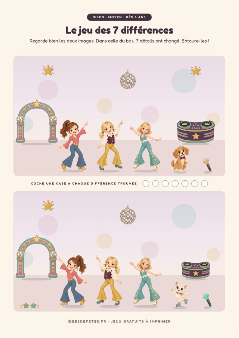Jeu des 7 différences disco à imprimer gratuitement : trois danseuses et leur chien sous la boule à facettes