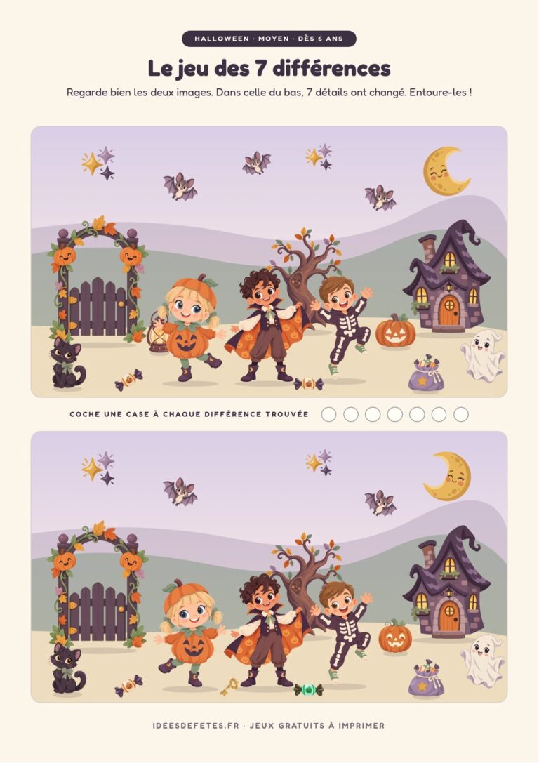 Jeu des 7 différences Halloween à imprimer gratuitement : la tournée des bonbons des petits monstres