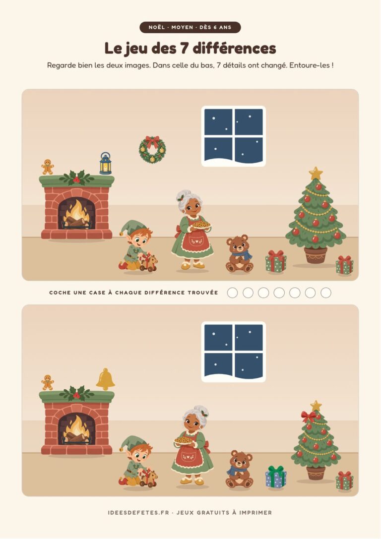 Jeu des 7 différences de Noël à imprimer gratuitement : la Mère Noël, le lutin et l’ourson au coin du feu