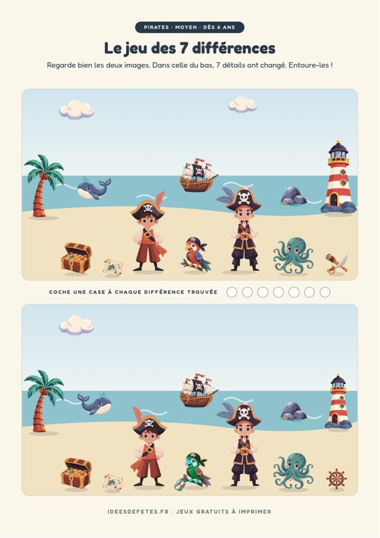 Jeu des 7 différences pirate à imprimer gratuitement : les pirates sur la plage, le phare et la baleine
