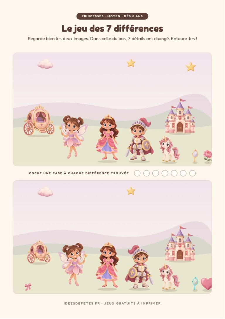 Jeu des 7 différences princesse à imprimer gratuitement : la fée, la princesse et le chevalier entre le carrosse et le château