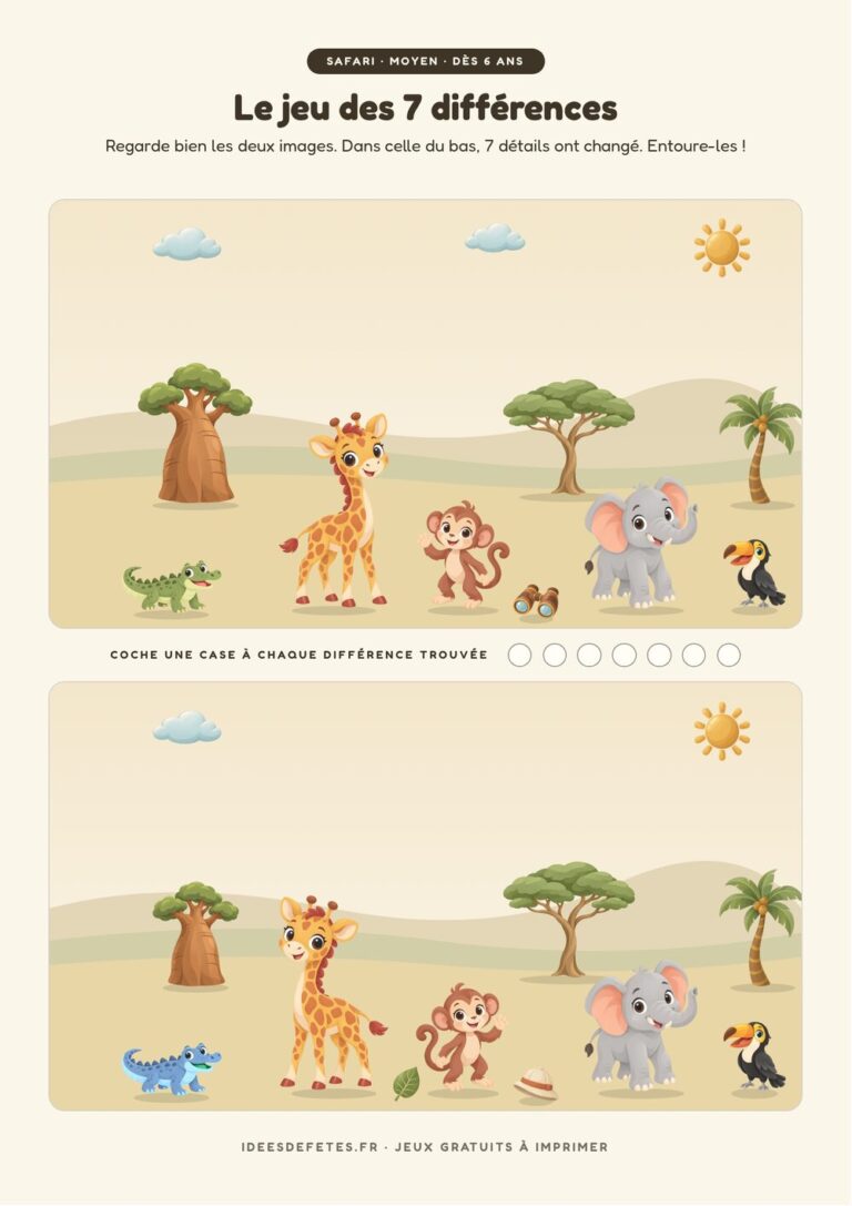Jeu des 7 différences safari à imprimer gratuitement : la girafe, le singe et l’éléphant dans la savane