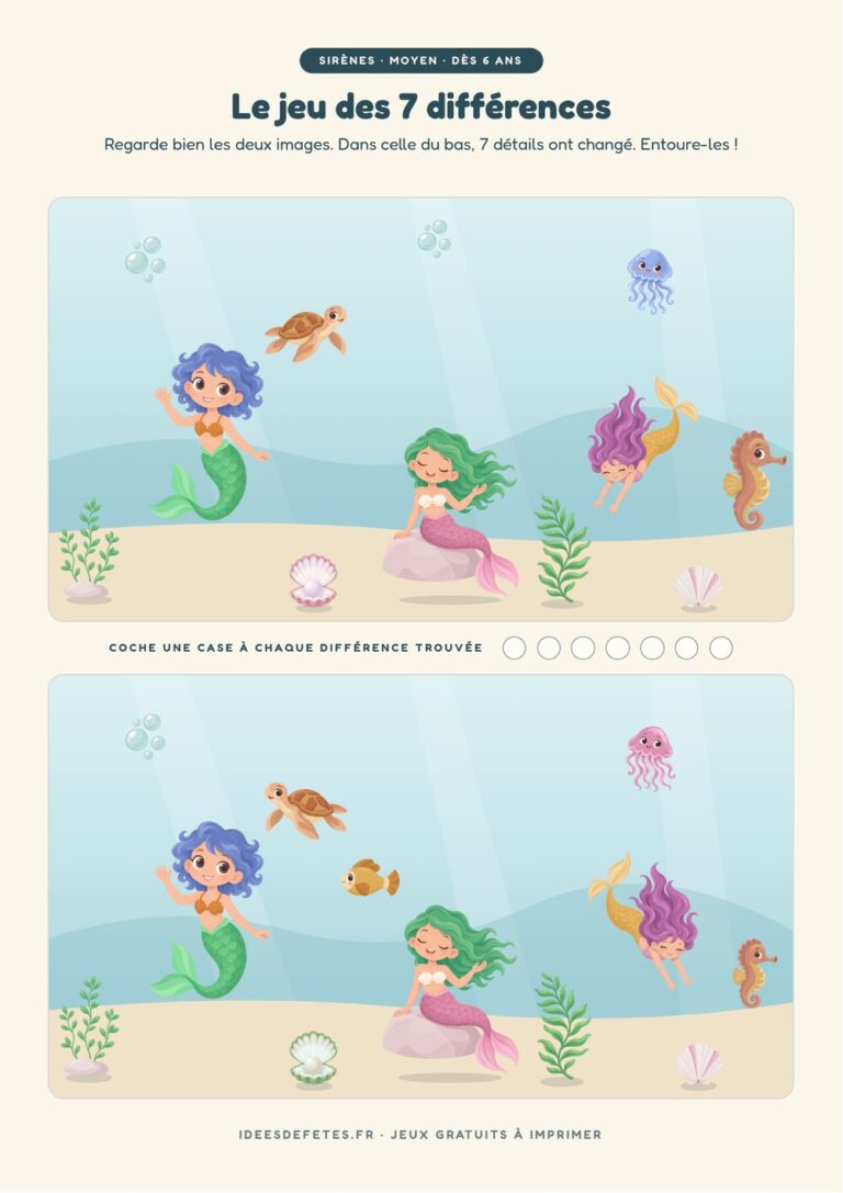 Jeu des 7 différences sirène à imprimer gratuitement : trois sirènes, une tortue et un hippocampe au fond du lagon