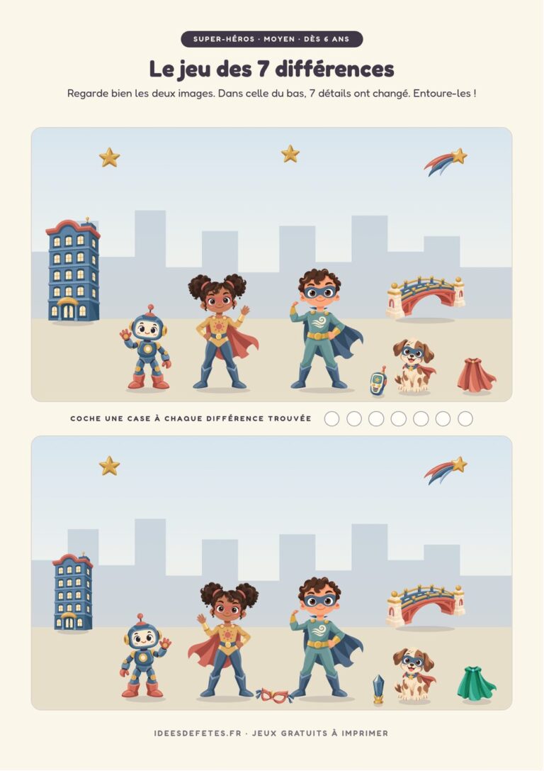 Jeu des 7 différences super-héros à imprimer gratuitement : quatre héros et leur robot en mission dans la ville