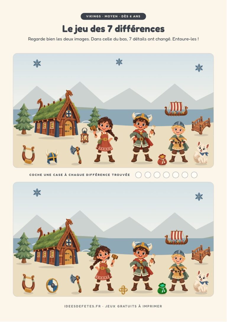 Jeu des 7 différences viking à imprimer gratuitement : le village des Vikings et sa grande maison