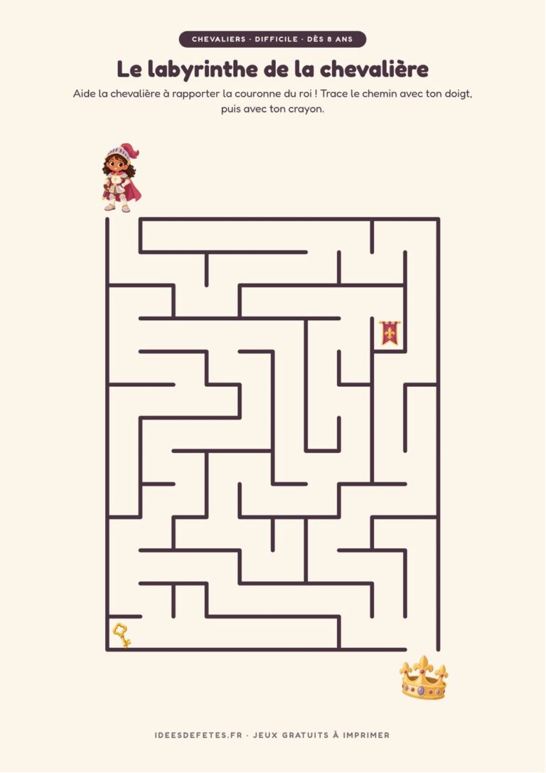 Labyrinthe chevalier à imprimer, niveau difficile dès 8 ans : la chevalière et la couronne du roi